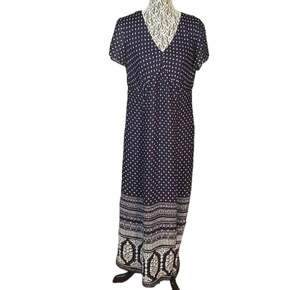 Norton McNaughton Women's Maxi dress floral mixed media lined‎ 14 navy blue